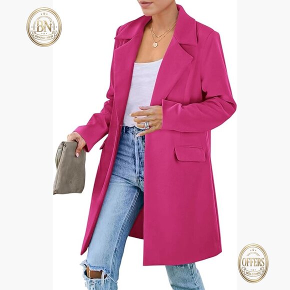Polyester Blend Long Blazer Jacket with Padded Shoulders and Notch Lapel